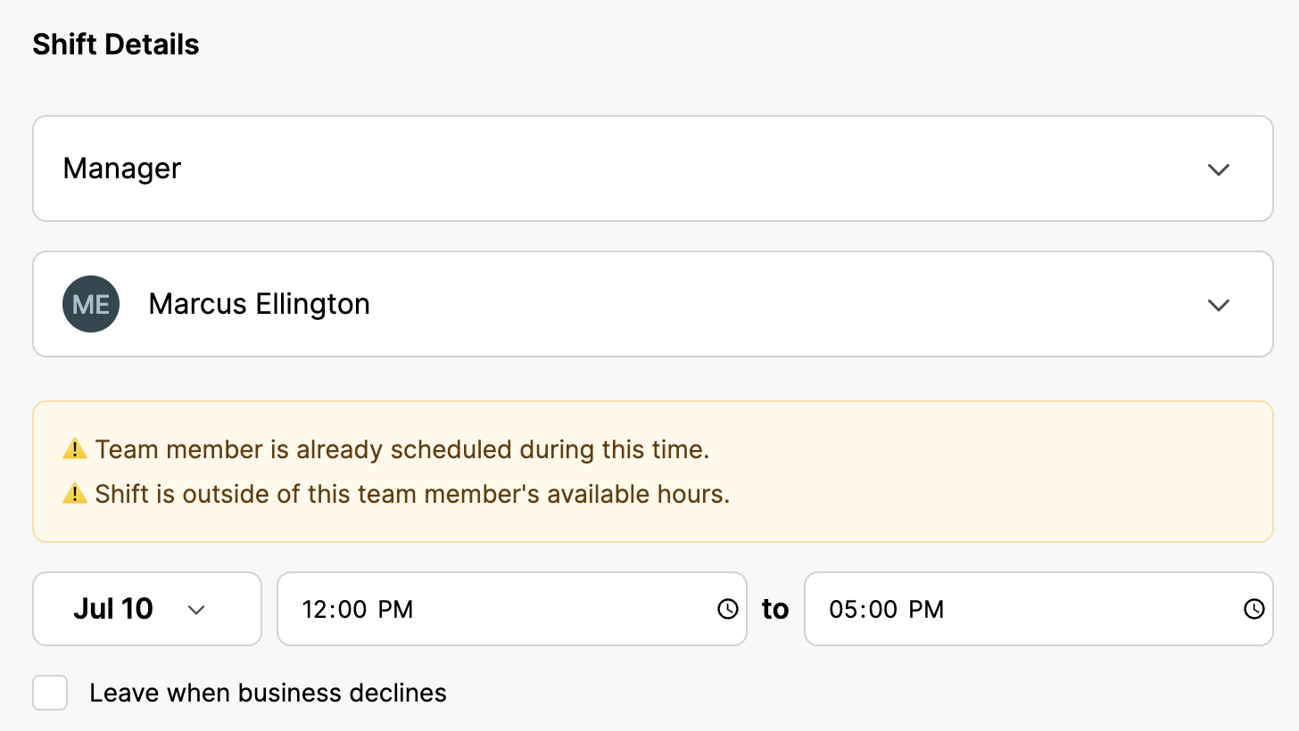 Error prevention interface showing double-booking warnings and staffing alerts