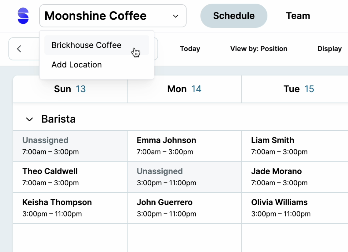 Multi-location retail management showing centralized scheduling across multiple store locations