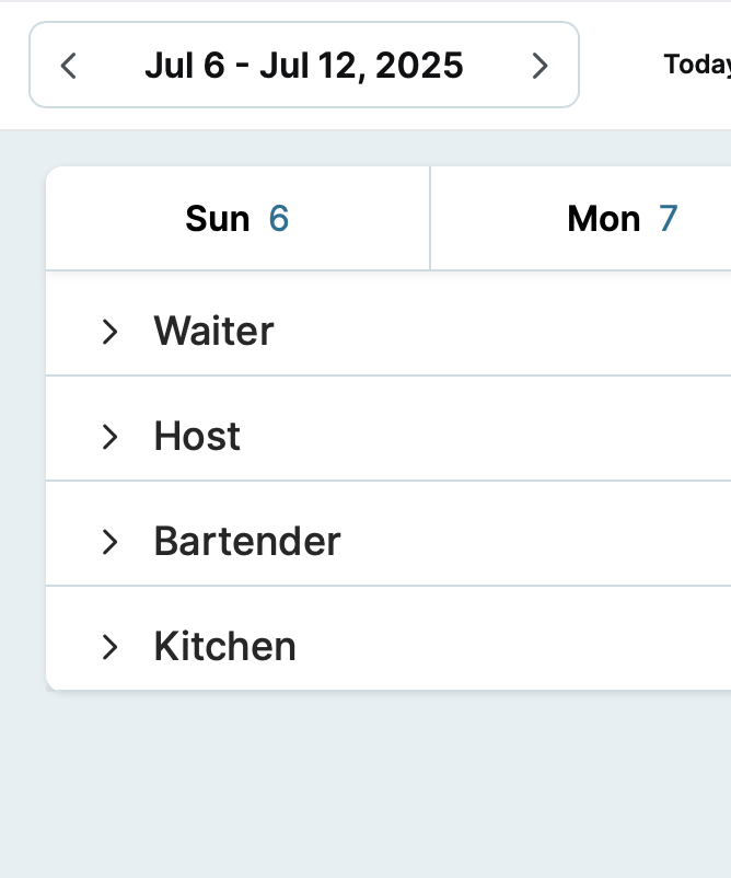 Position-based retail scheduling showing Women's Shoes department with employees like Theo Caldwell, Olivia Williams, Emma Johnson organized by position across different days and time slots